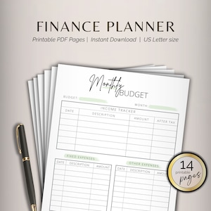 以下が含まれることがあります： 14ページの印刷可能な月次予算プランナー。プランナーには、収入追跡、固定費、その他の費用のセクションが含まれています。プランナーは、USレターサイズの用紙用に設計されています。