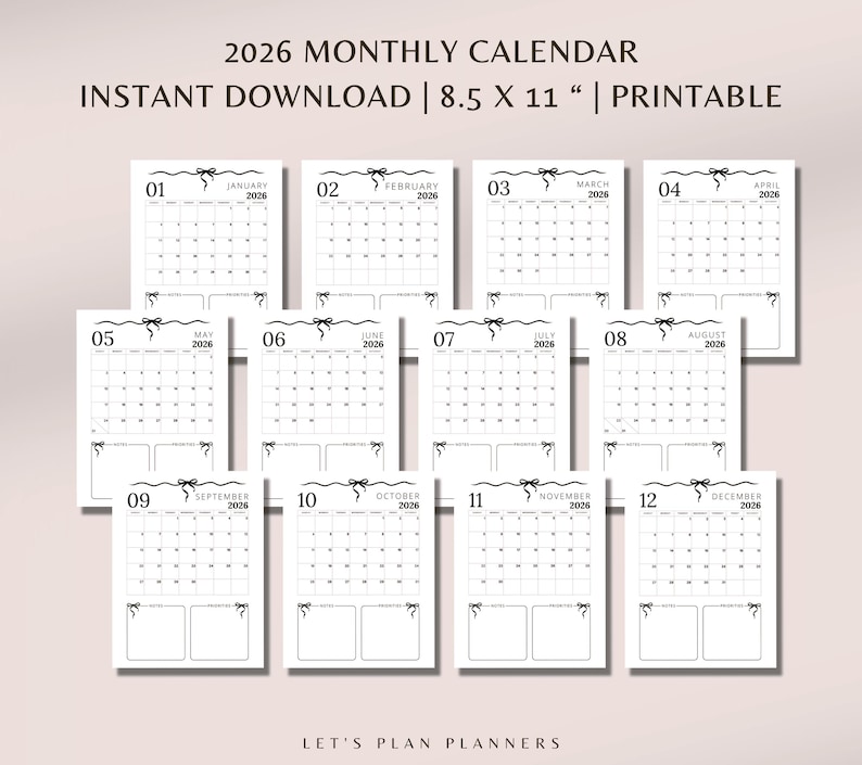 2026 Monthly Calendar Printable PDF Template Pages Monthly Overview ...