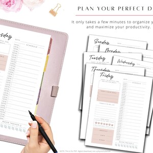 May include: A set of printable daily planner pages with a pink and white color scheme. Each page includes sections for "Today I'm Grateful For", "Today's Main Goals", "Today's To Do List", "Happy Scale", "Breakfast", "Lunch", "Dinner", "Water Tracker", and a schedule for the day. The pages are labeled with the days of the week: Sunday, Monday, Tuesday, Wednesday, Thursday, and Friday.