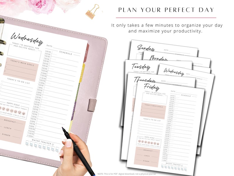 May include: A set of printable daily planner pages with a pink and white color scheme. Each page includes sections for "Today I'm Grateful For", "Today's Main Goals", "Today's To Do List", "Happy Scale", "Breakfast", "Lunch", "Dinner", "Water Tracker", and a schedule for the day. The pages are labeled with the days of the week: Sunday, Monday, Tuesday, Wednesday, Thursday, and Friday.