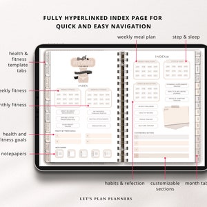 Puede incluir: Un planificador digital con fondo blanco y una p&aacute;gina de &iacute;ndice beige. La p&aacute;gina de &iacute;ndice est&aacute; dividida en secciones para planes de comidas semanales, seguimiento de pasos y sue&ntilde;o, h&aacute;bitos y reflexi&oacute;n, y secciones personalizables. El planificador tiene pesta&ntilde;as para salud y estado f&iacute;sico, estado f&iacute;sico semanal, estado f&iacute;sico mensual, objetivos de salud y estado f&iacute;sico, y papeles para notas. El planificador est&aacute; abierto a la p&aacute;gina de &iacute;ndice y el texto "FULLY HYPERLINKED INDEX PAGE FOR QUICK AND EASY NAVIGATION" est&aacute; en la parte superior de la p&aacute;gina.