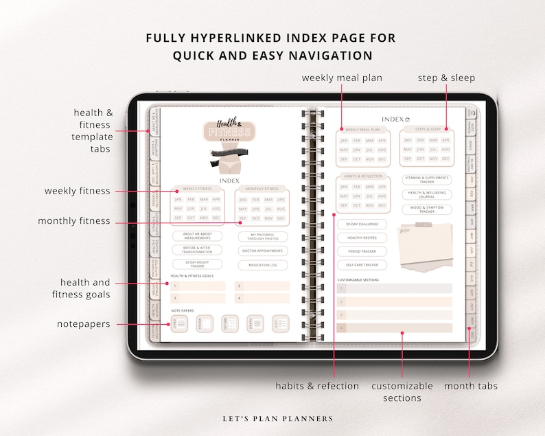Puede incluir: Un planificador digital con fondo blanco y una p&aacute;gina de &iacute;ndice beige. La p&aacute;gina de &iacute;ndice est&aacute; dividida en secciones para planes de comidas semanales, seguimiento de pasos y sue&ntilde;o, h&aacute;bitos y reflexi&oacute;n, y secciones personalizables. El planificador tiene pesta&ntilde;as para salud y estado f&iacute;sico, estado f&iacute;sico semanal, estado f&iacute;sico mensual, objetivos de salud y estado f&iacute;sico, y papeles para notas. El planificador est&aacute; abierto a la p&aacute;gina de &iacute;ndice y el texto "FULLY HYPERLINKED INDEX PAGE FOR QUICK AND EASY NAVIGATION" est&aacute; en la parte superior de la p&aacute;gina.
