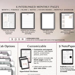 May include: Digital planner with six interlinked monthly pages: Month, Finance, Blank, Notes, Vision Board, and Monthly Overview. Features include customizable sections, tab options, and nine note paper templates. Includes text: "6 INTERLINKED MONTHLY PAGES".