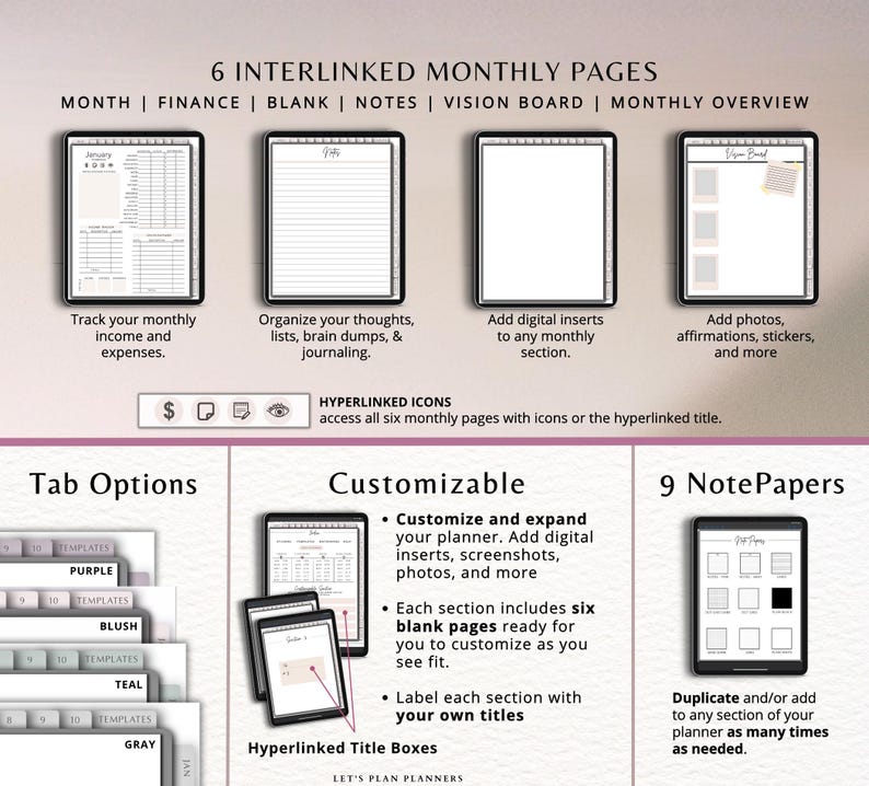 May include: Digital planner with six interlinked monthly pages: Month, Finance, Blank, Notes, Vision Board, and Monthly Overview. Features include customizable sections, tab options, and nine note paper templates. Includes text: "6 INTERLINKED MONTHLY PAGES".