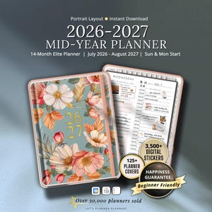 Puede incluir: Una agenda de mitad de a&ntilde;o 2026-2027 con una cubierta floral de flores rosas y blancas sobre un fondo azul verdoso. La agenda muestra una p&aacute;gina de horario diario, m&aacute;s de 3500 pegatinas digitales, 125 portadas y una insignia de garant&iacute;a.