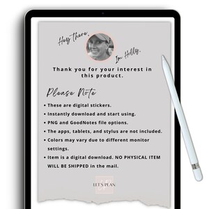 May include: A digital download displayed on a tablet, featuring text that reads "Hey there, I'm Holly. Thank you for your interest in this product." Additional text details digital stickers, file options, and that no physical item will be shipped.