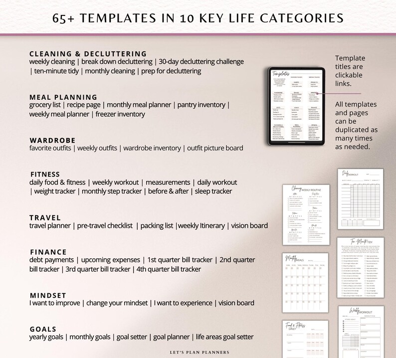 May include: An image showcasing a digital planner with 65+ templates across 10 life categories, including cleaning, meal planning, wardrobe, fitness, travel, finance, mindset, and goals. The planner features clickable links and duplicable pages.