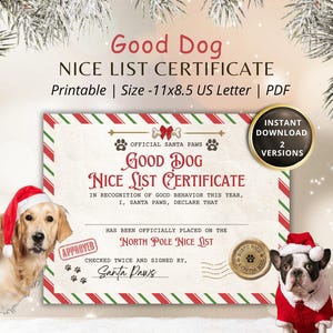 Certificado de lista de buenos perros para imprimir de parte de Papá Noel Regalo de Navidad para perros para amantes de los perros Lista de buenos perros de Santa Paws Carta de 11 x 8,5 pulgadas Descarga instantánea
