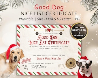 Dog Nice List Certificate from Santa (Printable 11x8.5 inch Letter)