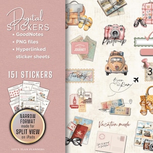 Puede incluir: Pegatinas digitales para GoodNotes, con archivos PNG y hojas de pegatinas con hipervínculos. La imagen incluye pegatinas con temática de viajes con texto como "Embrace Journey", "Tuesday" y "Vacation mode". Hay 151 pegatinas en formato estrecho para iPads.