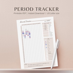 May include: A printable period tracker in US Letter size. The tracker includes a calendar grid for tracking your cycle, a section for logging cycle length, and a key for different symptoms. The tracker is designed for use in 2022.