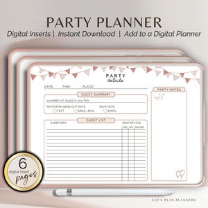 May include: A digital party planner displayed on a tablet, featuring a rose gold frame and a white screen with party planning details. The planner includes sections for guest information, notes, and a guest list. The text on the screen reads "Party Planner".