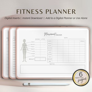 May include: A digital printable fitness planner with a measurement tracker. The tracker includes fields for neck, biceps, bust, waist, hips, thigh, calf, weight, and BMI. The planner has a silhouette of a person with lines indicating where to measure. The planner is designed to be used with a digital planner or on its own. The text "Measurement Tracker" is at the top of the page. The text "6 digital insert pages" is in a circle at the bottom of the page.