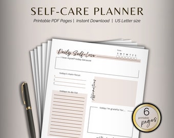 May include: A printable self-care planner with 6 pages. The planner includes sections for daily self-love, affirmations, gratitude, and notes of self-care. The planner is designed in a minimalist style with a beige and brown color scheme.
