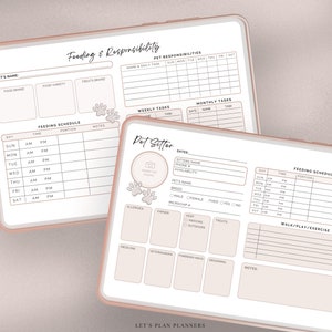 May include: A printable pet planner with sections for feeding schedules, pet sitter information, weekly and monthly tasks, and walk/play/exercise. The planner has a pink and white color scheme with paw print illustrations.