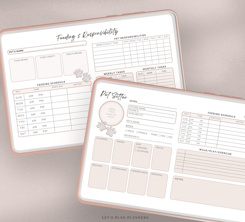 May include: A printable pet planner with sections for feeding schedules, pet sitter information, weekly and monthly tasks, and walk/play/exercise. The planner has a pink and white color scheme with paw print illustrations.