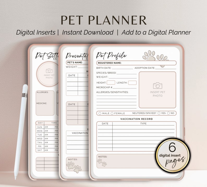 May include: Printable pet planner digital insert pages with paw print designs. The pages include sections for pet profile, preventative care, vaccination records, and notes.