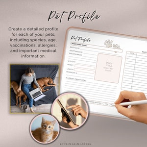May include: A printable pet profile template with a pink background. The template includes sections for the pet's name, birth date, adoption date, species, breed, weight, height, length, microchip number, allergies, and vaccinations. There is also a space to insert a photo of the pet.