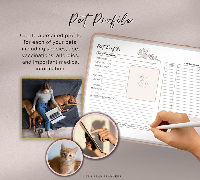 May include: A printable pet profile template with a pink background. The template includes sections for the pet's name, birth date, adoption date, species, breed, weight, height, length, microchip number, allergies, and vaccinations. There is also a space to insert a photo of the pet.