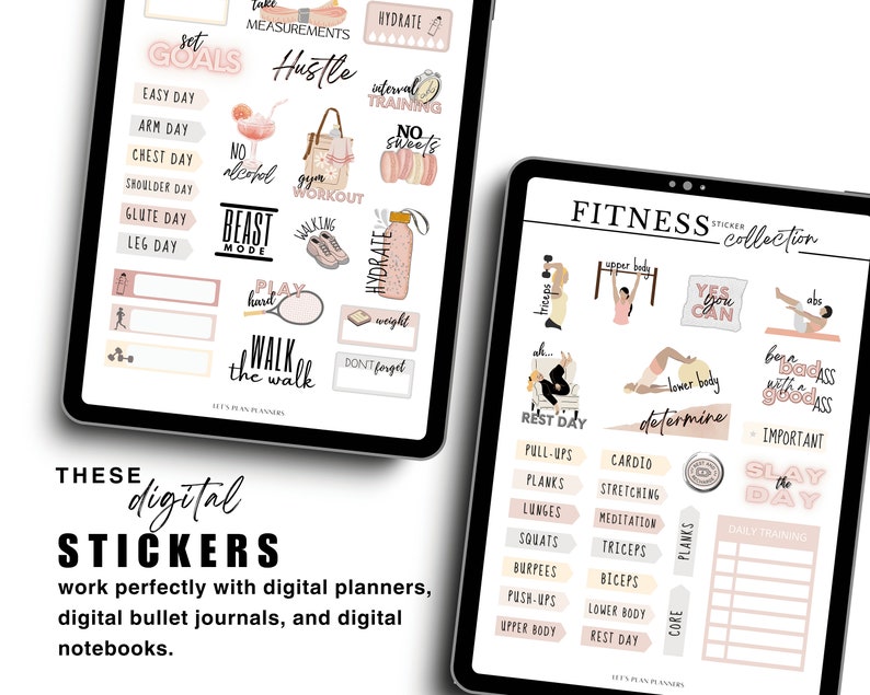 May include: Two digital tablets displaying fitness-themed stickers. One tablet shows stickers with phrases like "Set Goals" and "Beast Mode." The other tablet features workout-related stickers, including "Pull-ups" and "Cardio." The text "These digital stickers work perfectly with digital planners" is also visible.