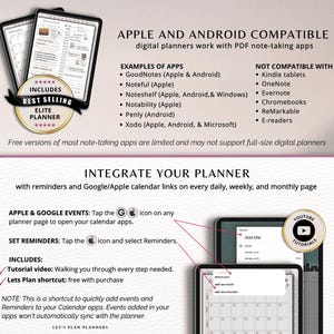 May include: Digital planner advertisement. The image shows two tablets displaying planner pages, with text highlighting compatibility with Apple and Android devices. Includes a 'Best Selling' badge and details on app integration and tutorial videos.