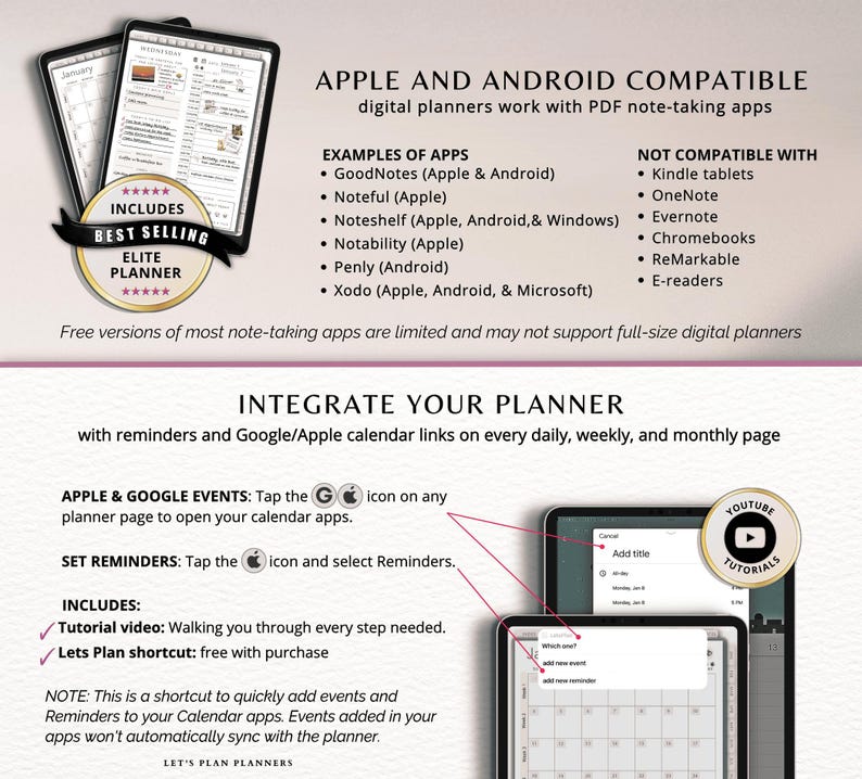 May include: Digital planner advertisement. The image shows two tablets displaying planner pages, with text highlighting compatibility with Apple and Android devices. Includes a 'Best Selling' badge and details on app integration and tutorial videos.