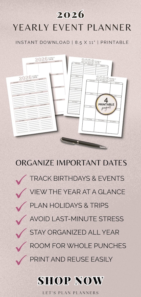2026 Yearly Events Planner: At-a-glance Calendar (PDF Printable ...