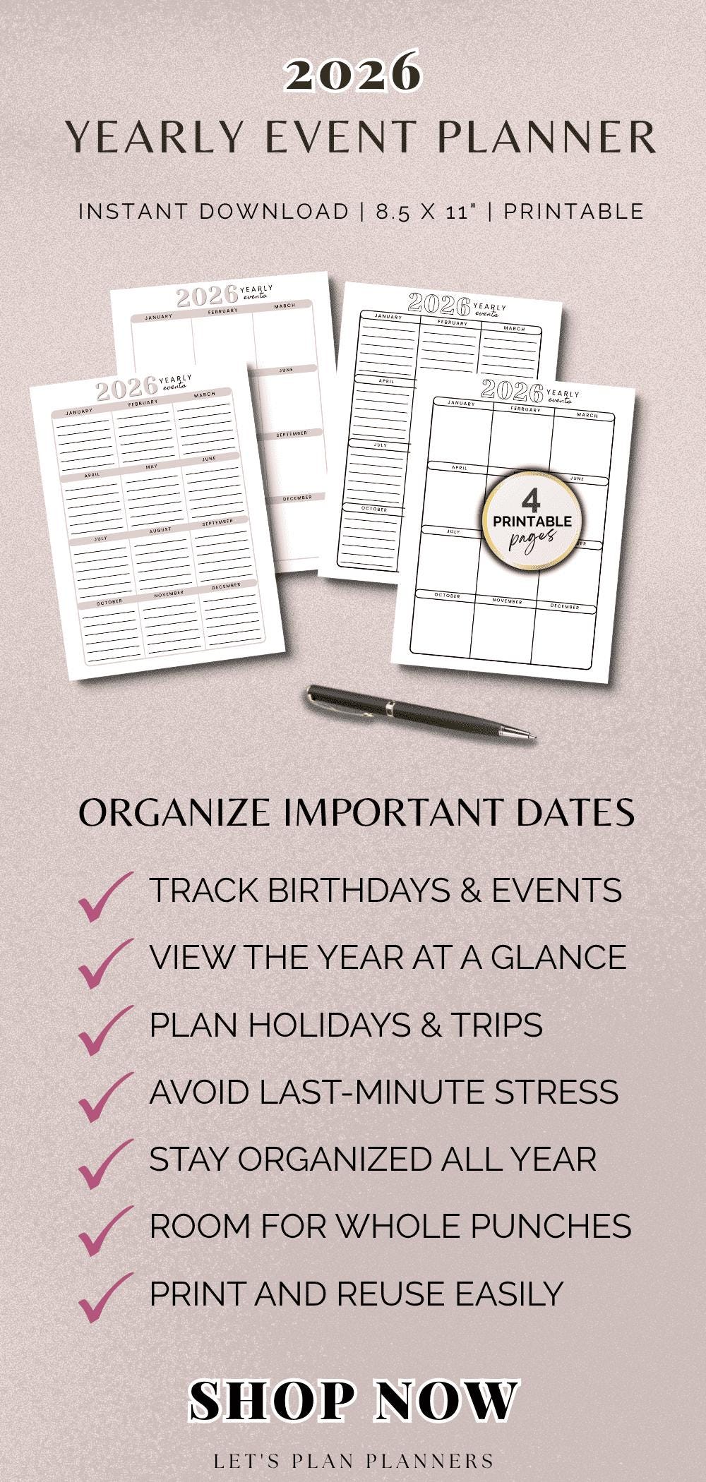 2026 Yearly Events Planner: At-a-glance Calendar (PDF Printable ...