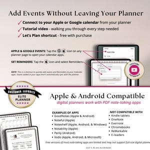 Puede incluir: Un gr&aacute;fico informativo sobre un planificador digital que explica c&oacute;mo a&ntilde;adir eventos a calendarios de Apple o Google. Muestra pantallas de tabletas con interfaces de calendario, una insignia de tutorial de YouTube y una lista de aplicaciones.