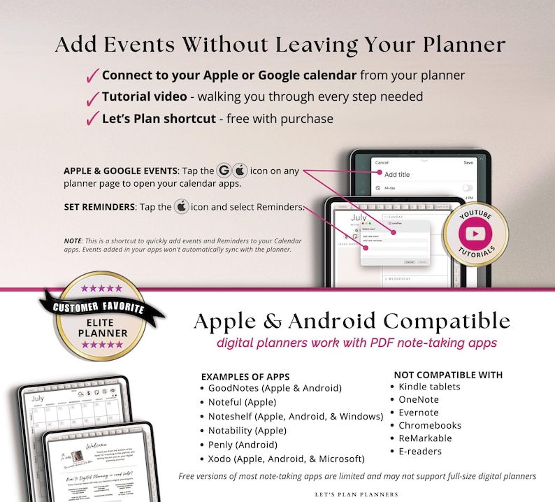 Puede incluir: Un gr&aacute;fico informativo sobre un planificador digital que explica c&oacute;mo a&ntilde;adir eventos a calendarios de Apple o Google. Muestra pantallas de tabletas con interfaces de calendario, una insignia de tutorial de YouTube y una lista de aplicaciones.