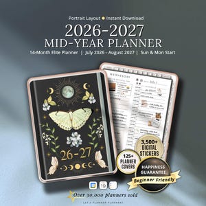 May include: A 2026-2027 mid-year digital planner with a black cover featuring a butterfly, moon, and floral illustrations. The planner includes a daily schedule page, 3,500+ digital stickers, 125+ covers, and a happiness guarantee badge.