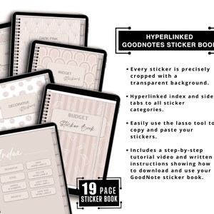 May include: A 19-page GoodNotes sticker book with a variety of stickers, including decorative, icons, words, numbers, and widgets. The stickers are hyperlinked and have a transparent background. The book includes a step-by-step tutorial video and written instructions on how to download and use the stickers.