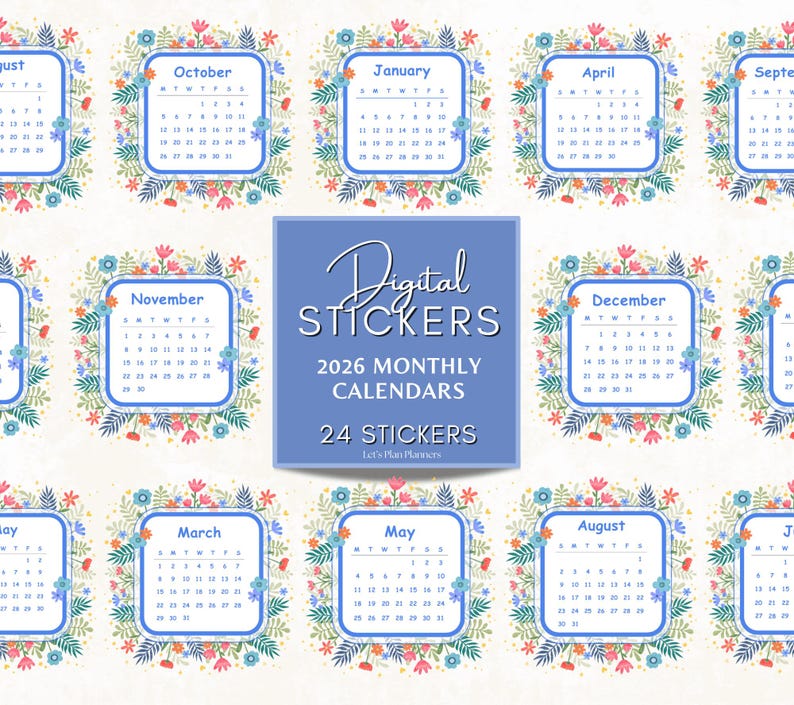 2026 Calendar Stickers Digital Stickers Goodnotes PNG Files iPad and ...