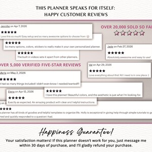 May include: A promotional image with customer reviews for a planner. The text includes phrases like "Happy Customer Reviews," "Over 5,000 Verified Five-Star Reviews," and "Over 20,000 Sold So Far." The image also includes a "Happiness Guarantee!"