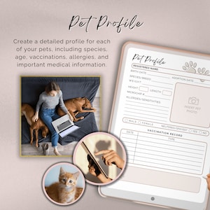May include: A printable pet profile form with sections for pet information, including registered name, birth date, species, breed, weight, height, length, microchip number, allergies, adoption date, and vaccination record. The form also includes a space for a photo of the pet.