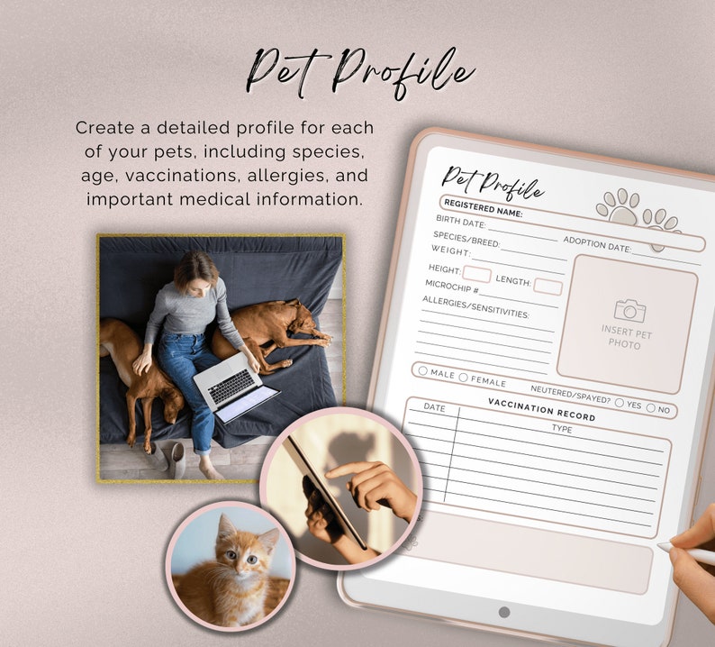 May include: A printable pet profile form with sections for pet information, including registered name, birth date, species, breed, weight, height, length, microchip number, allergies, adoption date, and vaccination record. The form also includes a space for a photo of the pet.
