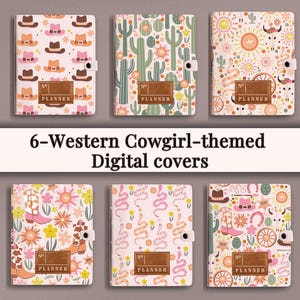 May include: Six digital planner covers with a Western cowgirl theme. The covers feature different patterns including cacti, snakes, horseshoes, and cowboy hats. Each cover has a label that says "No. 1 Planner".