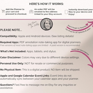 May include: A digital product listing with text including "Add the Planner to your cart", "Apple and Android devices", and "No Physical Item". The image has a light beige background with pink accents and a photo of a woman.