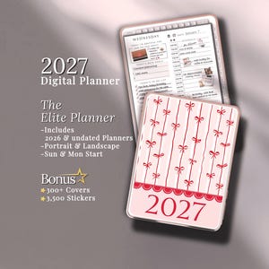 May include: A digital planner for 2027 with a pink cover featuring red bows and the year 2027. The planner includes 2026 and undated planners, portrait and landscape views, and bonus covers and stickers.