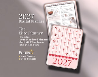 May include: A digital planner for 2027 with a pink cover featuring red bows and the year 2027. The planner includes 2026 and undated planners, portrait and landscape views, and bonus covers and stickers.