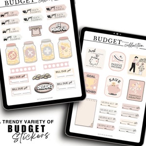 May include: A set of digital stickers for budgeting and financial planning. The stickers feature illustrations of jars, piggy banks, coins, and other financial-related imagery. The stickers are in a pink and beige color scheme and include text such as "Invest", "Passive Income", "Goal Reached", and "Financially Healthy".