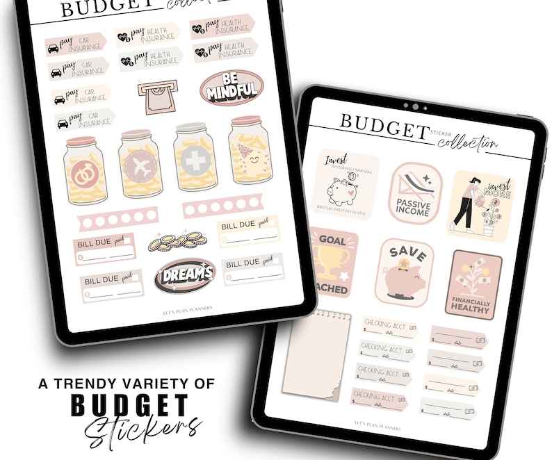 May include: A set of digital stickers for budgeting and financial planning. The stickers feature illustrations of jars, piggy banks, coins, and other financial-related imagery. The stickers are in a pink and beige color scheme and include text such as "Invest", "Passive Income", "Goal Reached", and "Financially Healthy".