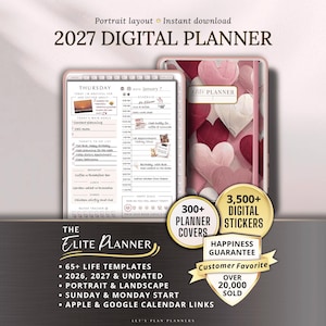 May include: A digital planner for 2027 with a portrait layout, featuring a pink and white heart-themed cover. The planner includes 300+ planner covers, 3,500+ digital stickers, and over 65 life templates. The planner is undated and includes Apple and Google calendar links.
