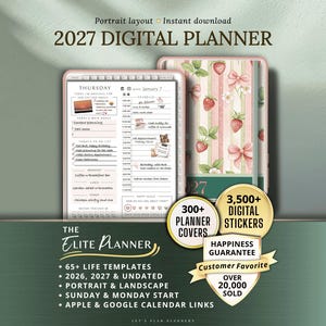 Op de afbeelding: Digitale planner met een aardbeienontwerp en de tekst "2027 DIGITAL PLANNER". De planner bevat 300+ planner covers, 3.500+ digitale stickers en 65+ levenssjablonen. Het is ongedateerd en heeft portret- en landschapsopties.