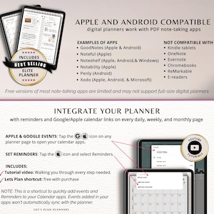 K&ouml;nnte beinhalten: Informationen zur Kompatibilit&auml;t digitaler Planer. Das Bild zeigt ein Tablet mit einem digitalen Planer, mit Hinweisen auf Google/Apple-Kalenderintegration und Tutorial-Videos. Text listet kompatible Apps und Planerfunktionen auf.