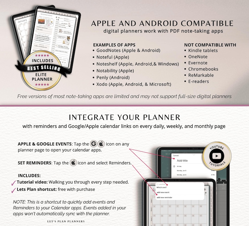 K&ouml;nnte beinhalten: Informationen zur Kompatibilit&auml;t digitaler Planer. Das Bild zeigt ein Tablet mit einem digitalen Planer, mit Hinweisen auf Google/Apple-Kalenderintegration und Tutorial-Videos. Text listet kompatible Apps und Planerfunktionen auf.