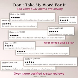 Puede incluir: Una colecci&oacute;n de rese&ntilde;as de clientes para Let's Plan Planners con el texto Don't Take My Word For It, See what busy moms are saying, Over 30,000 Sold So Far y Over 5,000 verified 5-star reviews con valoraciones individuales de cinco estrellas.
