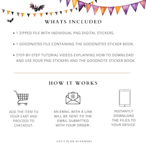 May include: A digital download for Goodnotes includes Halloween-themed stickers, a sticker book, and tutorial videos. The image shows a shopping cart, an email icon, and a tablet.