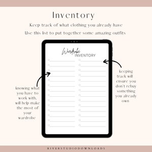 May include: A printable wardrobe inventory checklist on a tablet screen. The checklist is divided into two columns with the text "Wardrobe Inventory" at the top. The left column has the text "knowing what you have to work with. will help make the most of your wardrobe" and the right column has the text "keeping track will ensure you don't rebuy something you already own".