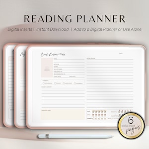 May include: A digital reading planner displayed on a tablet, featuring a book review template with fields for title, author, and rating. The planner includes a section for notes and a rating system. The text reads "READING PLANNER" and "Digital Inserts | Instant Download | Add to a Digital Planner or Use Alone."